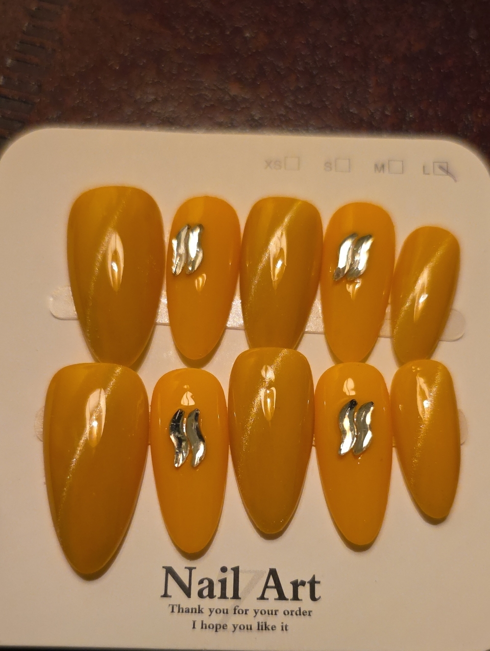 Yellow Press-On Nail Set with Silver Accent - Size Large